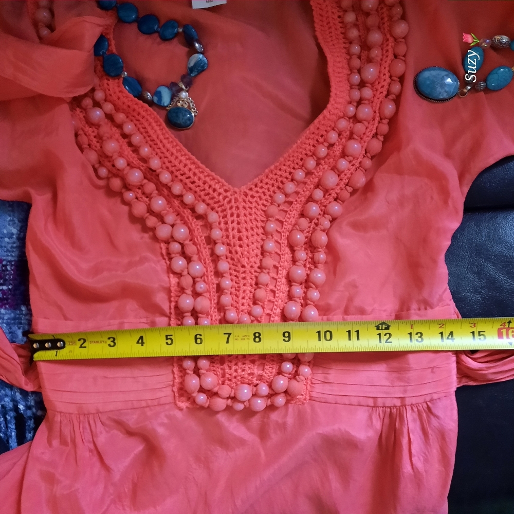 MARCIANO Silk Tie Back, Beaded Crochet Tunic Blouse - Picture 9 of 11